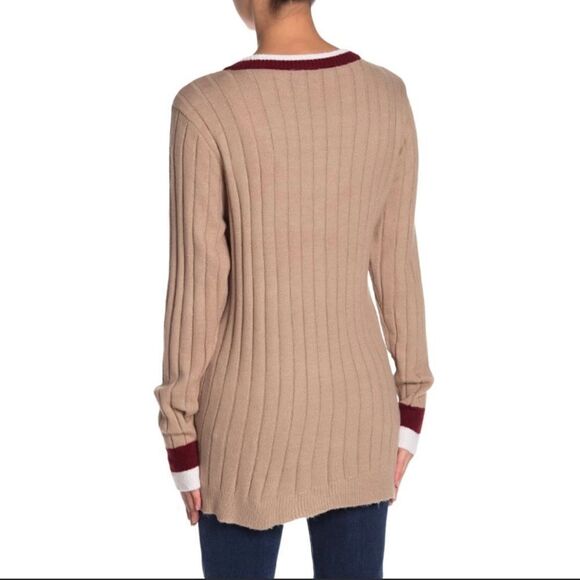 Dress Forum Women’s Taupe Burgundy Contrast Trim V-Neck Cardigan Size Large - Picture 2 of 9